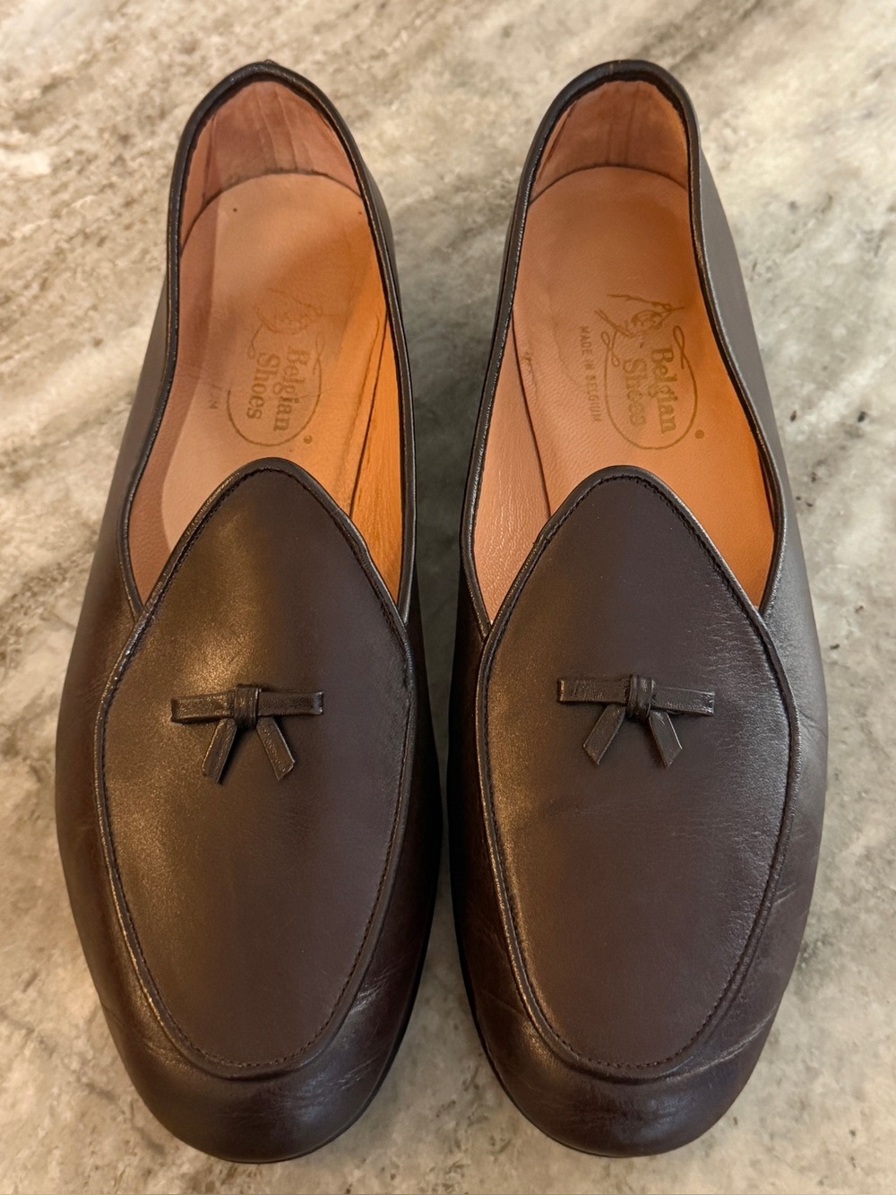BELGIAN SHOES HENRI BROWN LEATHER SLIPPERS BOW TIE 7.5 MOCCASINS MOC LOAFERS